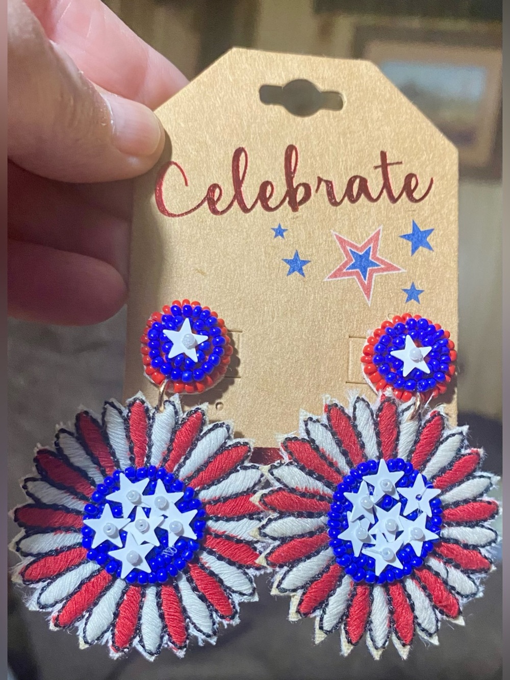 Patriot Earrings NEW set features a festive beaded daisy design red white & blue